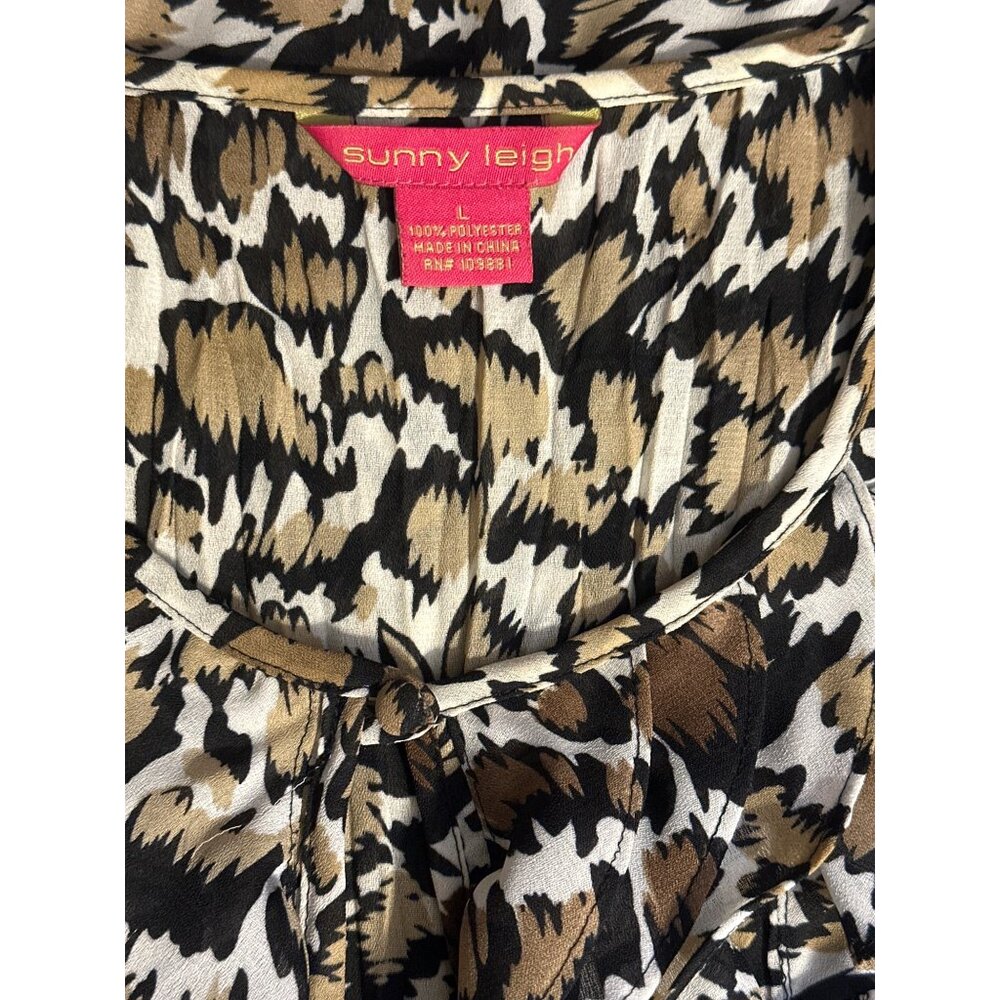Sunny Leigh Womens Leopard Print Ruffle Blouse Large Short Sleeve - Picture 6 of 6